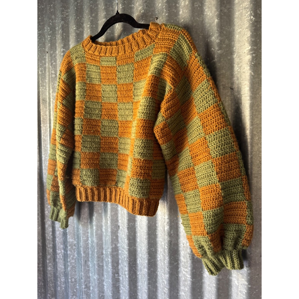 Vintage Handmade Crochet Knit Checkerboard Sweater Orange Green Balloon Sleeve - Picture 7 of 10